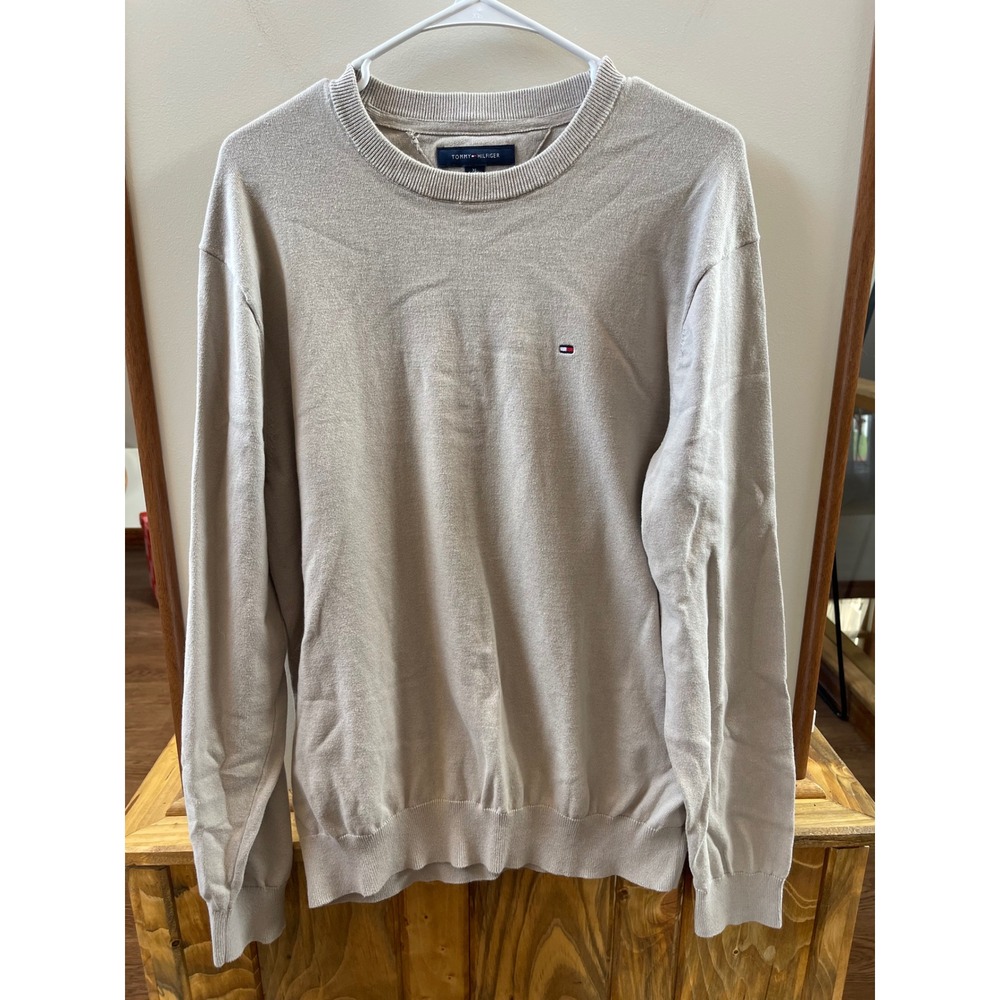Tommy Hilfiger Sweater Mens XL Tan Cotton Crewneck Logo Pullover